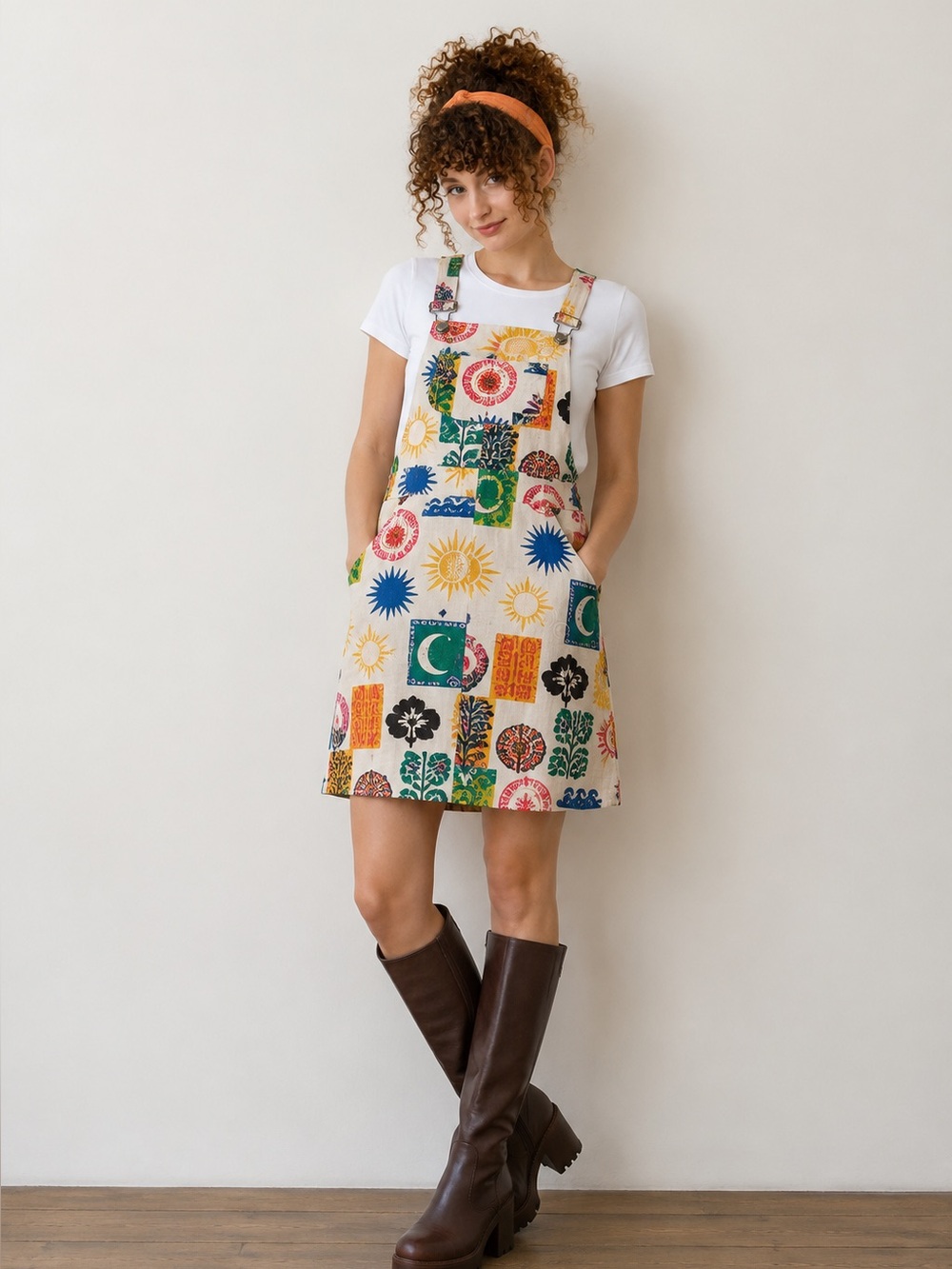 Celestial Floral Patterned Cream Overalls Dress